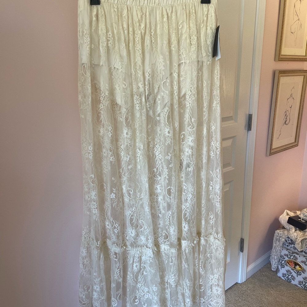 AFRM Cream Lace Maxi Skirt with Floral Embroidery